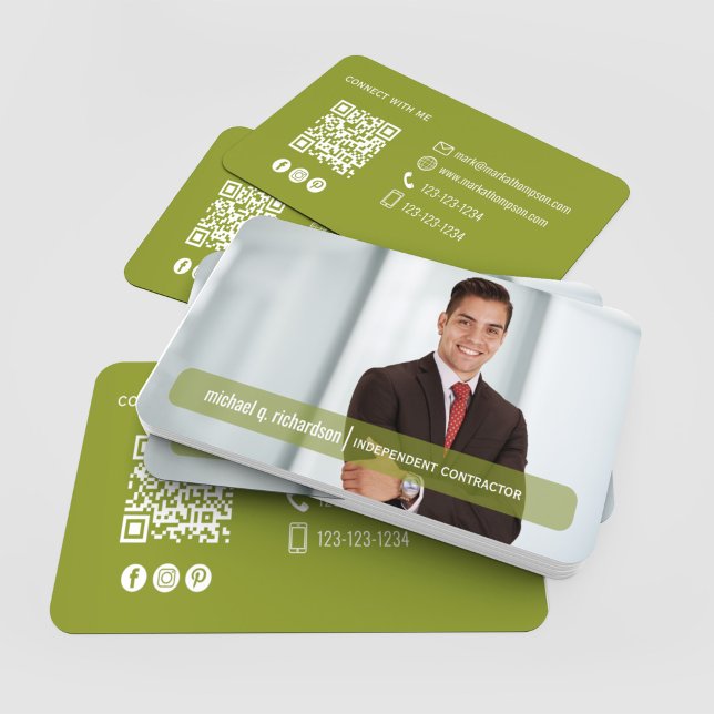 QR-kod Foto Kontakt Olivgrön Modern  Visitkort (Olive green QR code photo business cards stacked with modern contact design)