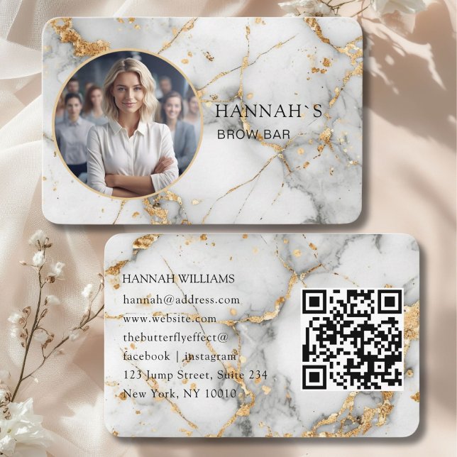 QR-kod, Foto, Marble, White-Guld, Salon Visitkort (QR-Code, Photo, Marble, White-Gold, Salon Business Card)