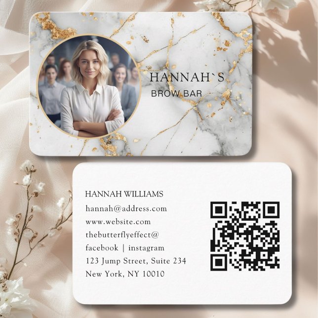 QR-kod, Foto, Marble, White-Guld, Salon Visitkort (QR-Code, Photo, Marble, White-Gold, Salon Business Card)