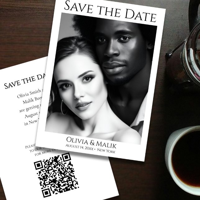 QR-kod Foto Spara datum Datumet (Modern Black & White Photo QR Code Save the Date - front and back)