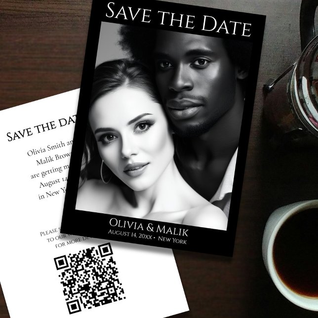 QR-kod Foto Spara datumet (Modern Black & White Photo QR Code Save the Date - front and back)