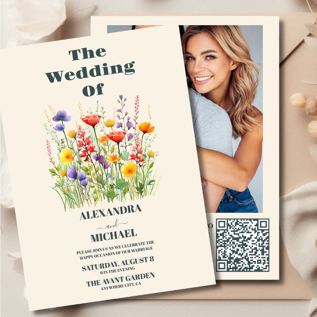QR-kod Foto Wildblomma Bröllop Boho Land Inbjudningar (Skapare uppladdad)