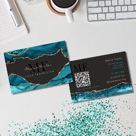 QR-kod Fransar Teal Turkos Guld Agat Monogram Visitkort