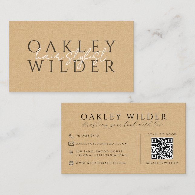 QR-kod Frisör Beige Falskt Linne Visitkort (Fram/baksida)