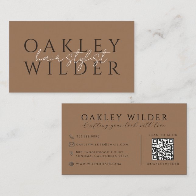 QR-kod Frisör Mörk Terrakotta Visitkort (Fram/baksida)
