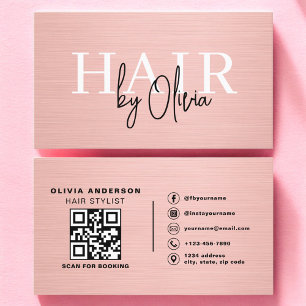 QR-kod frisör rosa metallisk typografi Visitkort