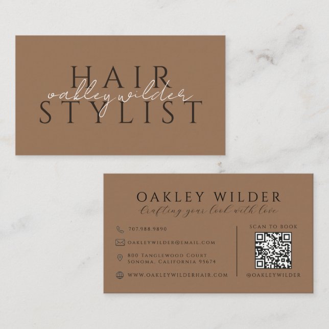 QR-kod frisörstylist mörk terrakotta Visitkort (Fram/baksida)