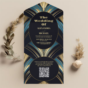 QR-kod Glamoral Blue and Guld Art Deco Bröllop