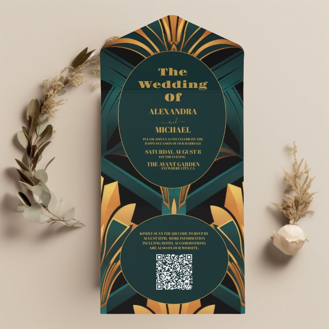 QR-kod Glamoral Grönt och Guld Art Deco Bröllop (Skapare uppladdad)