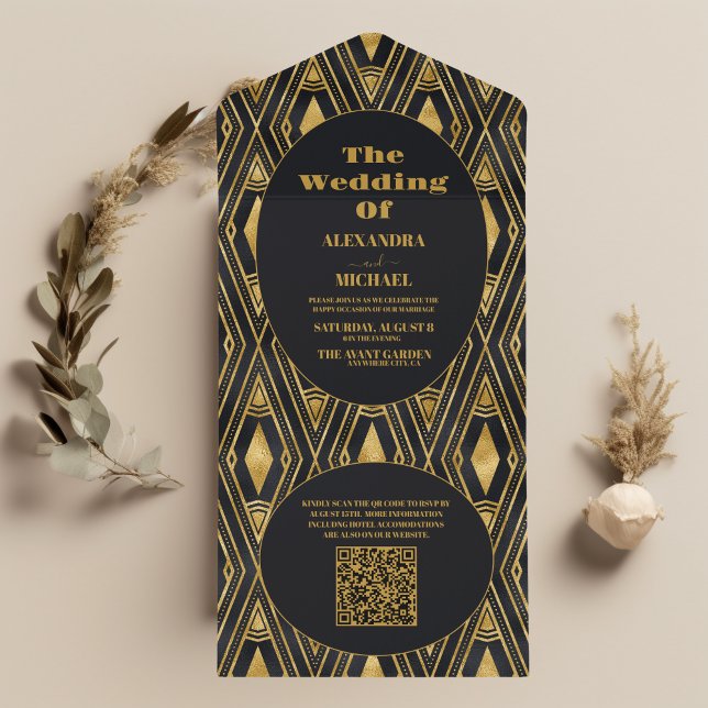 QR-kod Glamous Black and Guld Art Deco Bröllop (Skapare uppladdad)