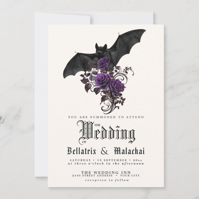 QR-kod Goth Bat Djup Amethyst Lila Rosor Inbjudningar (Framsida)