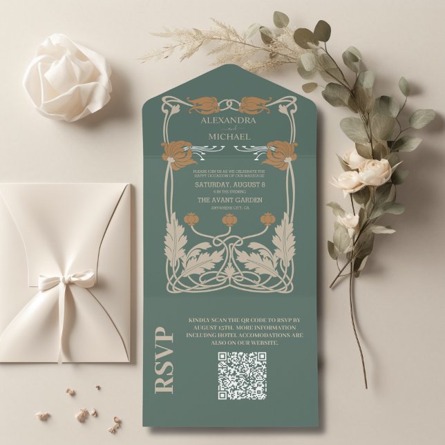 QR-kod Grönt Art nouveau Bröllop (Skapare uppladdad)