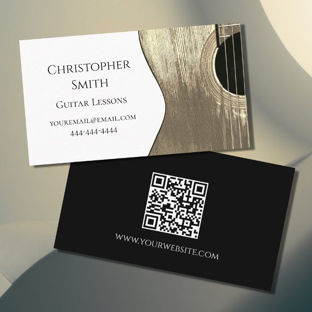 QR-kod Guitar Music Lessons Beige Black Visitkort (Skapare uppladdad)