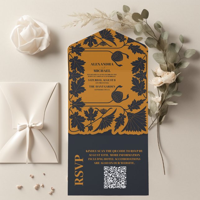 QR-kod Guld Blue Art nouveau Bröllop (Skapare uppladdad)