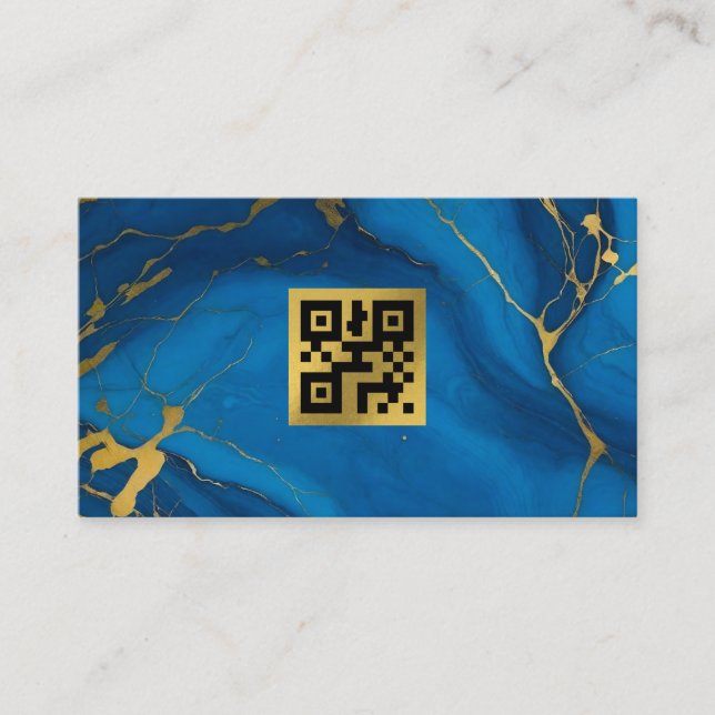 QR-kod guld glitter blå marble Affärskort Visitkort (Framsida)