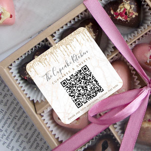 QR-kod Guld Glitter Marmor Dropar Namn på Företag Fyrkantigt Klistermärke
