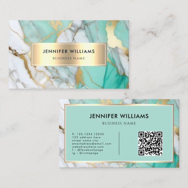 QR-kod Guld Grön Marmor Elegant Modern Visitkort (Fram/baksida)