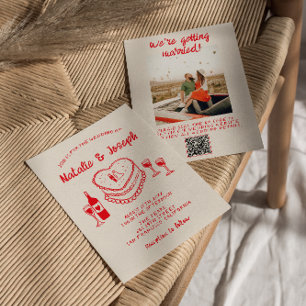 QR-kod Hand plockade Red Quirky Cake Photo Bröllop Inbjudningar