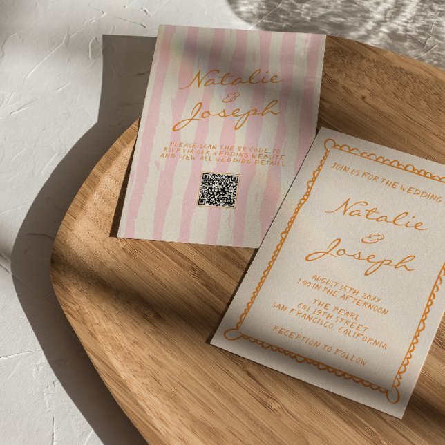 QR-kod Hand-skriven Streck Whimsical Bröllop Inbjudningar (Skapare uppladdad)