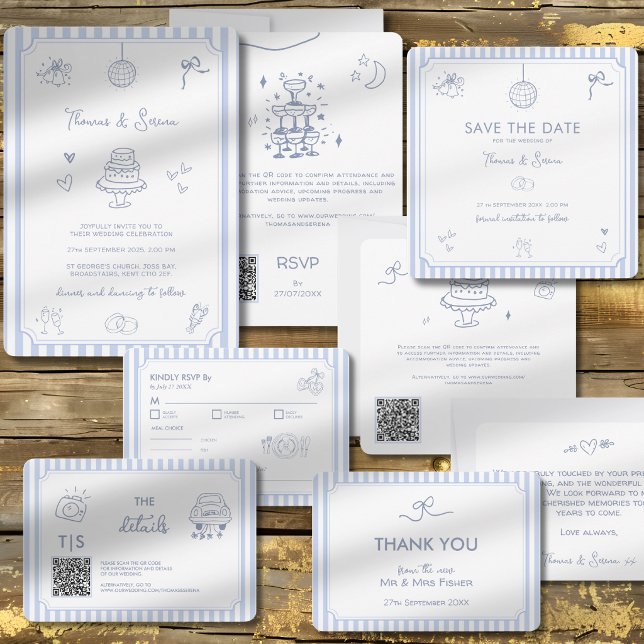 QR-kod Handritad Klotter Blå RSVP-svar OSA Kort (Skapare uppladdad)