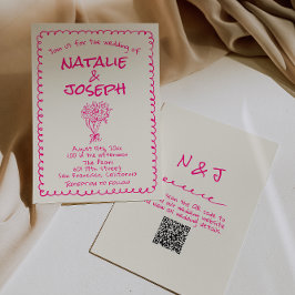 QR-kod Handritad Levande Rosa Retro Funky Bröllop Inbjudningar