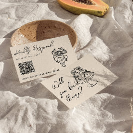 QR-kod Handskriven Teckning Tårta Blommig Bröllop OSA Kort