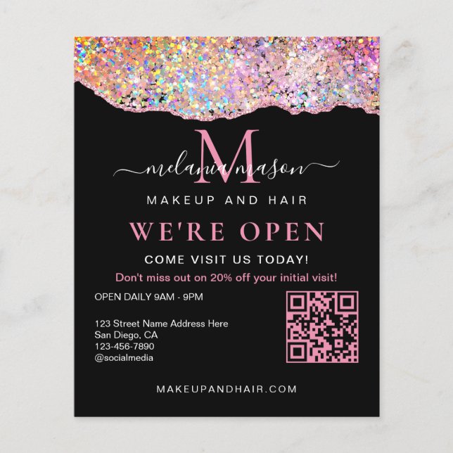 QR-kod Holografisk agate Glitter Vi är Open Black Flygblad (Framsidan)