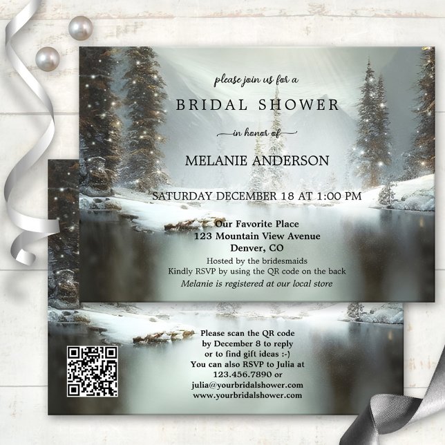 QR-kod: Julvinter Inbjudningskort för möhippan (Winter bridal shower invitation featuring a snow covered mountain landscape with sparkling lights )