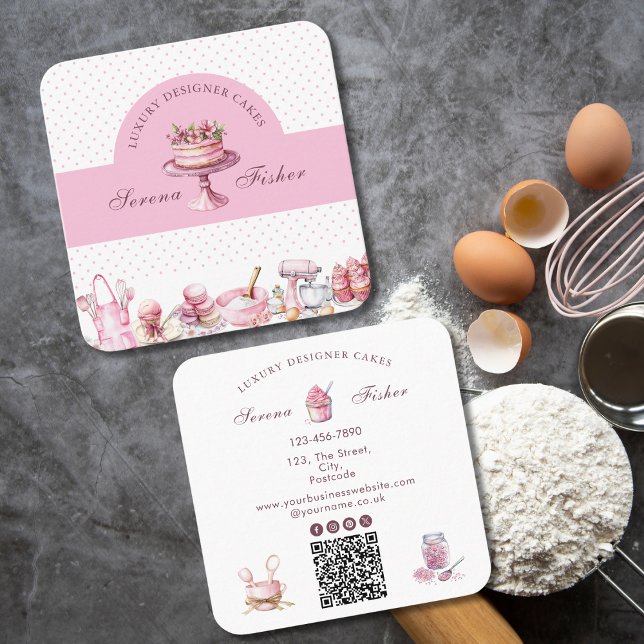 QR-kod Kake Baker Polka Dot Chic Rosa Fyrkantigt Visitkort (Skapare uppladdad)
