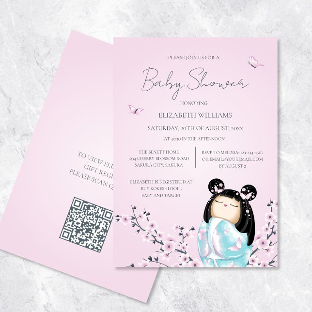 QR-kod | Kokeshi Doll Baby Shower Inbjudningar (Skapare uppladdad)