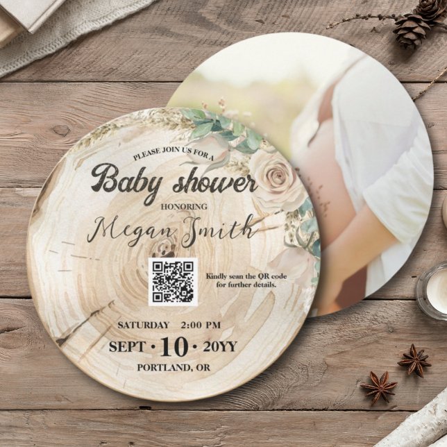 QR-kod Kön Neutral Wood Unique Baby Shower Spara Datumet (Skapare uppladdad)