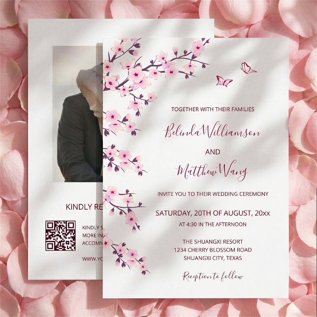 QR-kod | Körsbärsblommor  Rosa Vit Bröllop Inbjudningar (Skapare uppladdad)