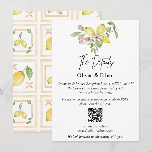 QR-kod Lemon Floral Bröllopsdetaljer Tilläggskort (Fram/baksida)