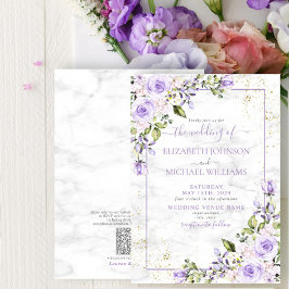 QR-kod Lilac Lavender Guld Marble Blommigt Bröllop Inbjudningar