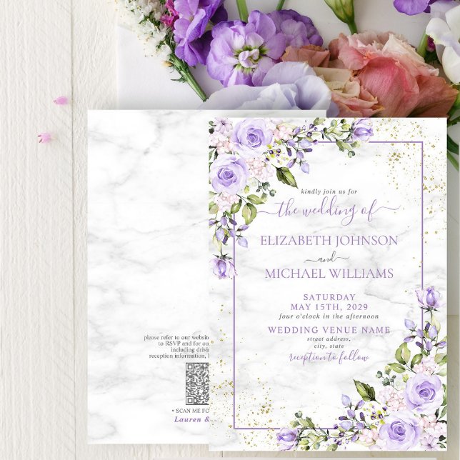 QR-kod Lilac Lavender Guld Marble Blommigt Bröllop Inbjudningar (Skapare uppladdad)