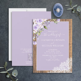 QR-kod Lilac Lavender Rustic Wood Snöre Bröllop Inbjudningar