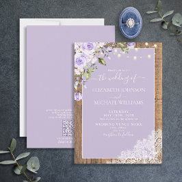 QR-kod Lilac Lavender Rustic Wood Snöre Bröllop Inbjudningar