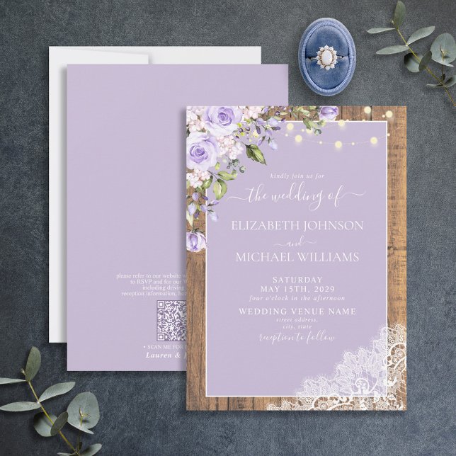 QR-kod Lilac Lavender Rustic Wood Snöre Bröllop Inbjudningar (Skapare uppladdad)