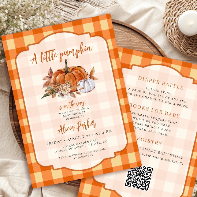 QR-kod liten pumpa orange gingham baby shower Inbjudningar (Skapare uppladdad)