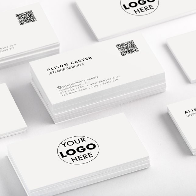 QR-kod | LOGOTYP | BENVITA | Modern design Visitkort (Stacks of off white business cards showing the front of the card with QR code and logo at the back.)