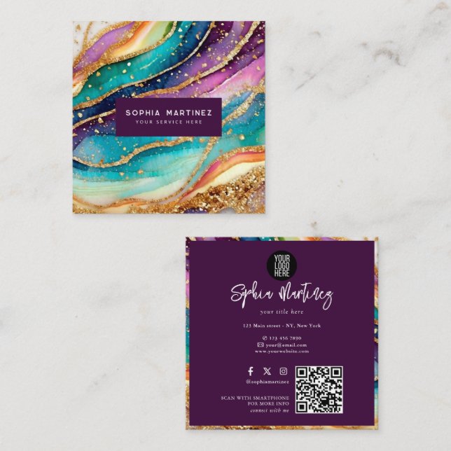 QR-kod & Logotyp Elegant Rainbow Agate guld Glitte Fyrkantigt Visitkort (Fram/baksida)