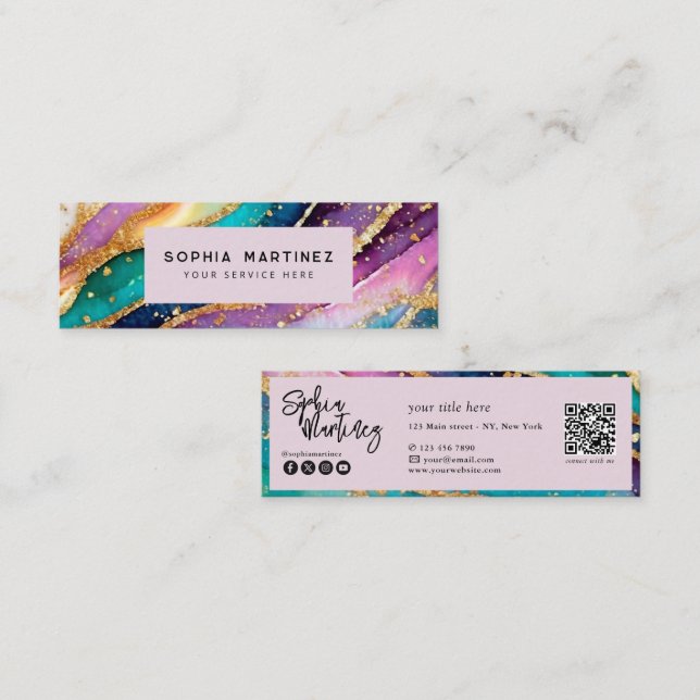 QR-kod & Logotyp Elegant Rainbow Agate guld Glitte Mini Visitkort (Fram/baksida)