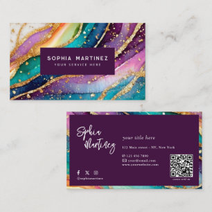 QR-kod & Logotyp Elegant Rainbow Agate guld Glitte Visitkort