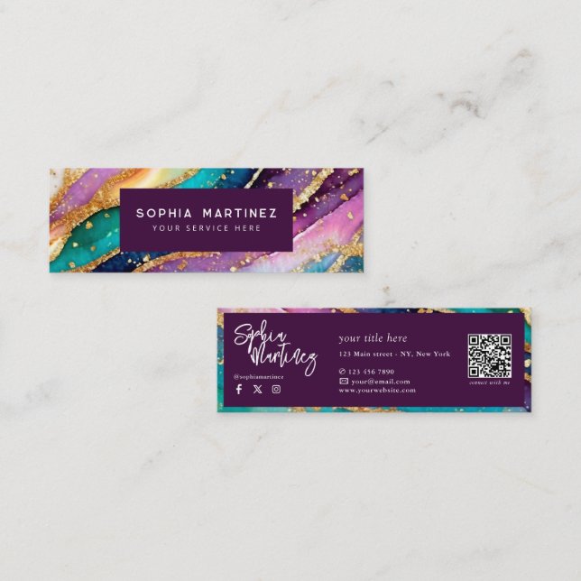 QR-kod & Logotyp Elegant Regnbåge Agat guld Glitte Mini Visitkort (Fram/baksida)