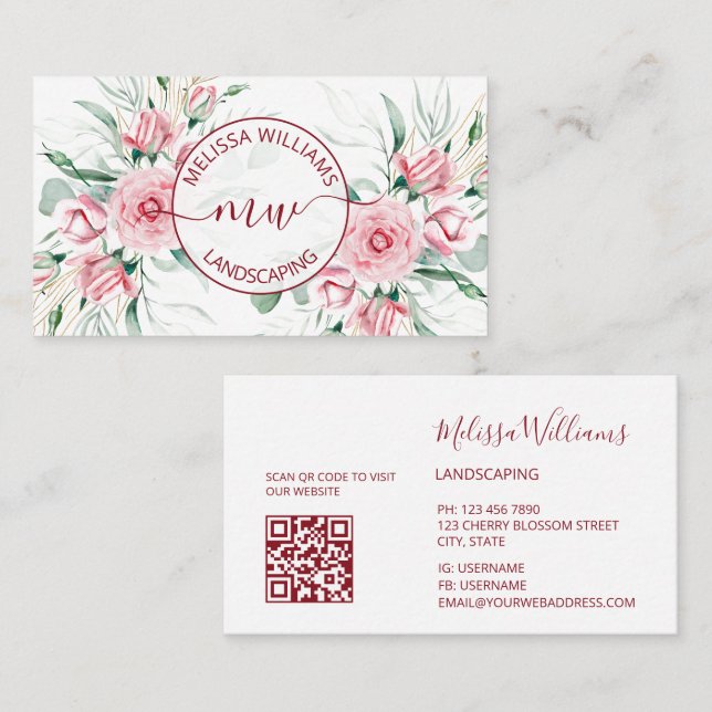 QR-kod |  Logotyp med akvarell rosa rosor Visitkort (Fram/baksida)
