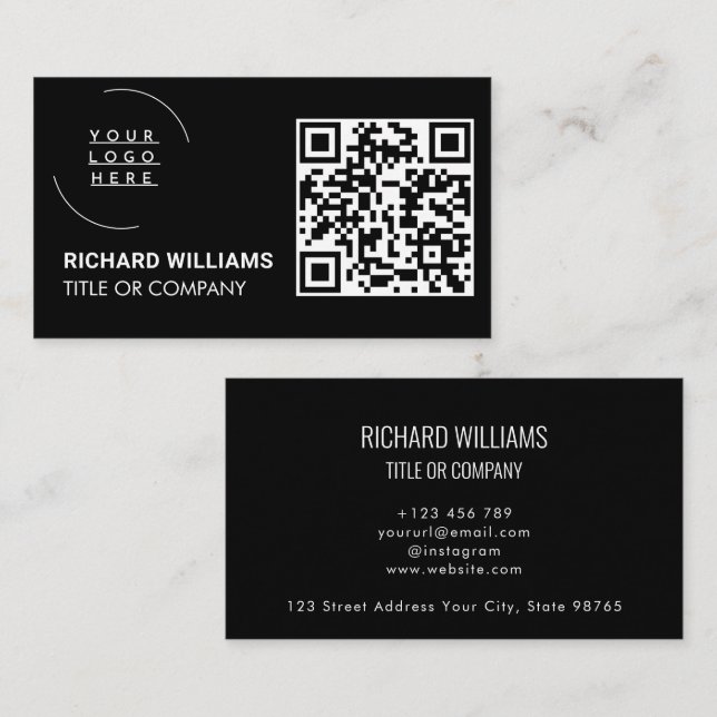 QR-kod - Logotyp | Svart modern Professionell Visitkort (Fram/baksida)
