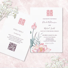 QR-kod | Lotusblomma Kinesisk Bröllopsinbjudan