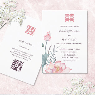 QR-kod Lotusblomma Kinesisk Bröllopsinbjudan Inbjudningar