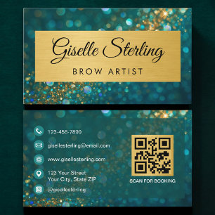 QR-kod Lyx Brow Artist Guld Teal Glitter Visitkort