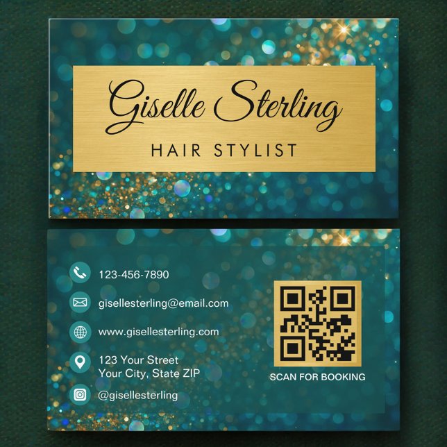 QR-kod Lyx Frisör Guld Teal Glitter Visitkort (Skapare uppladdad)